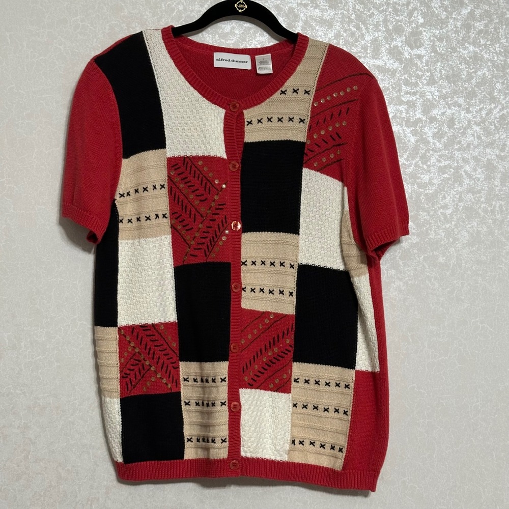 Alfred Dunner Patchwork Knit Cardigan Top Short Sleeve Sequin Red Black Tan Sz L